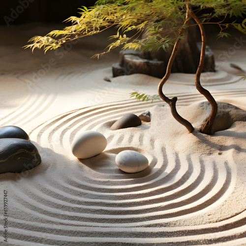 Beautiful display of a zen garden with flowing textures of sand, stone and greenery bonsai trees calming the mind