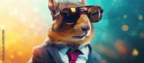 Animal squirel portraits, Cool business animal in sunglasses and suit. With copy text space, wide screen. Simple background, Generative AI