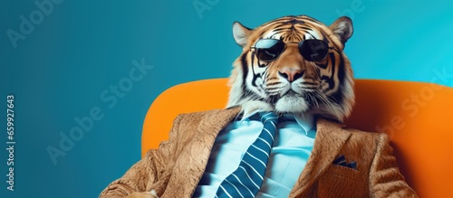 Animal tiger portraits, Cool business animal in sunglasses and suit. With copy text space, wide screen. Simple background, Generative AI