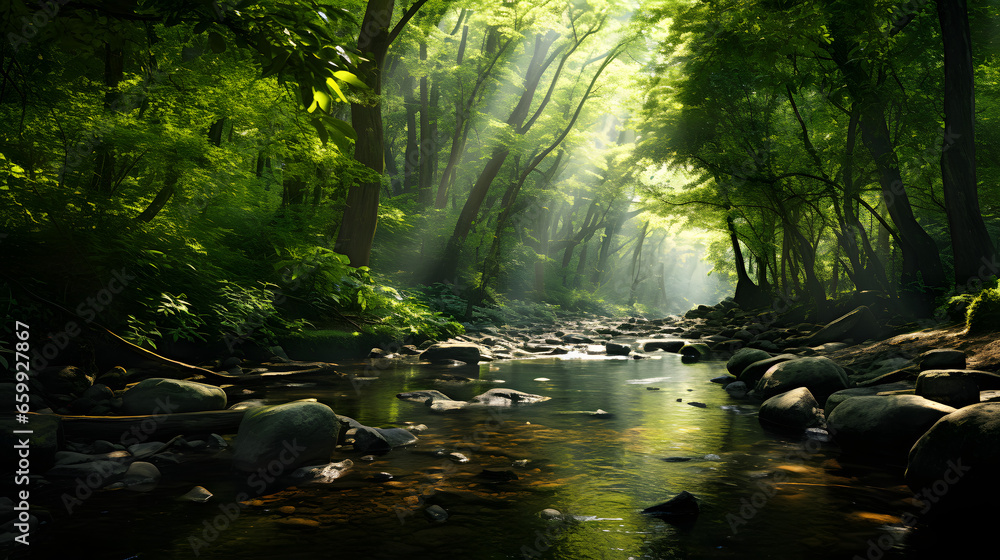 Serene forest landscape with lush green trees and flowing river waters illuminated by beautiful rays of sunlight in the dark