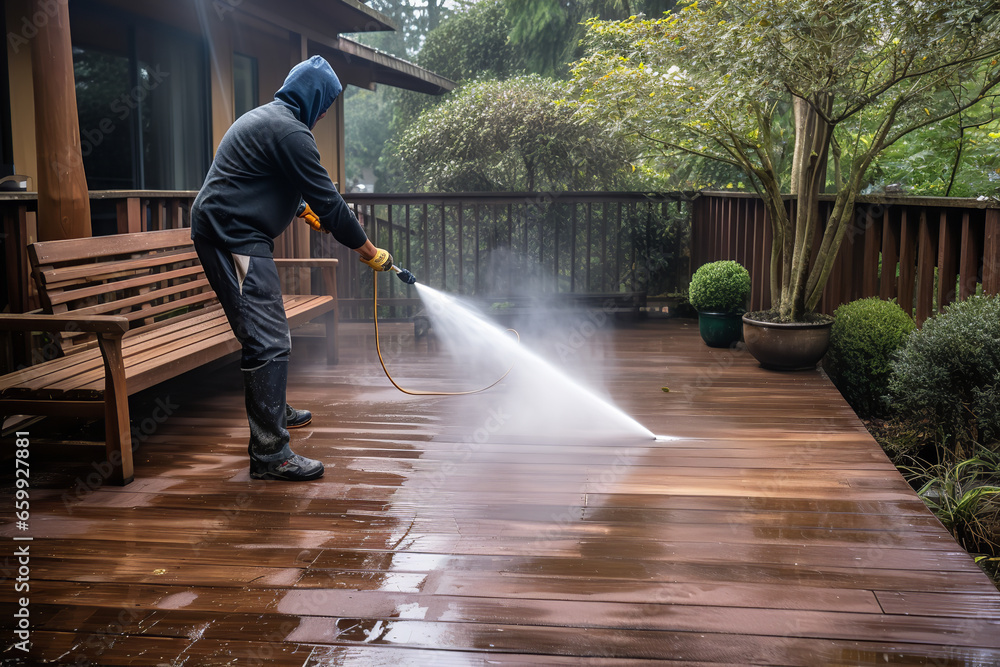A pressure washer is being used to deep clean a wooden deck, the forceful water stream removing dirt and mildew effectively A pressure washer is being used to deep clean a wooden deck, the forceful water stream removing dirt and mildew effectively