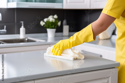 A pair of hands clad in bright yellow rubber gloves energetically wipes down a kitchen counter using a microfiber cloth