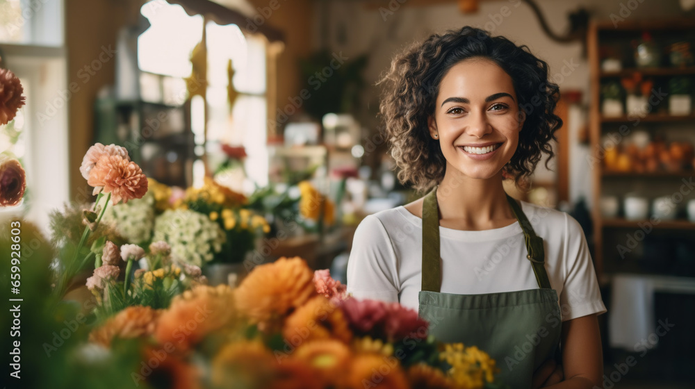 Portrait of cheerful woman standing in her flower shop. Smiley young saleswoman is waiting for customers of the flower shop. ai generative.