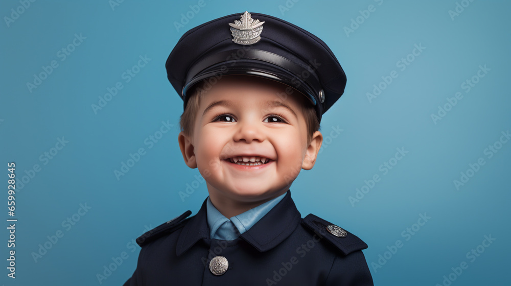 Portrait of a smiling little boy in a policeman's cap. ai generative Portrait of a smiling little boy in a policeman's cap. ai generative