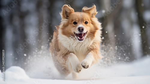 Portrait of a happy dog running in snow at winter. ai generative © Oleksandr