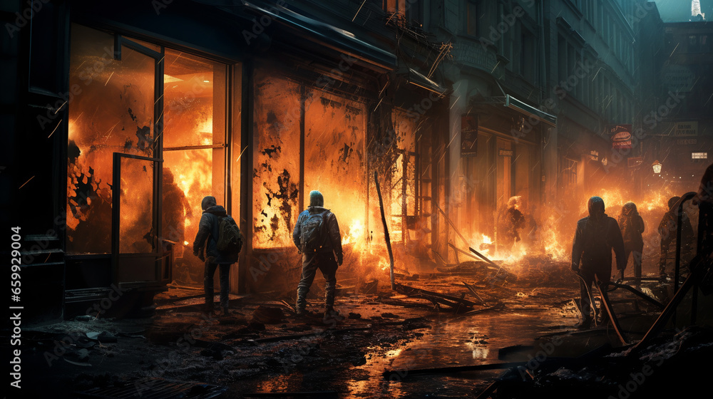 Pogroms and riots in night city. People smash shop windows with firebombs. ai generative