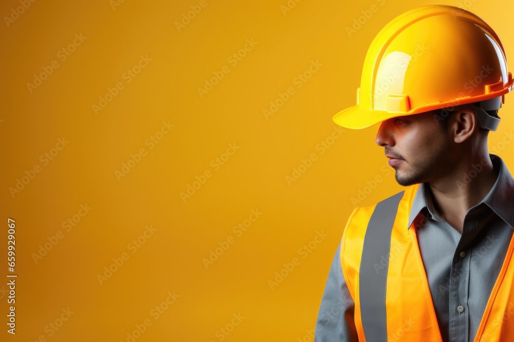 A construction worker in protective attire with a helmet and vest A construction worker in protective attire with a helmet and vest