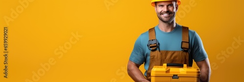 An individual in the construction industry, properly attired with a helmet and vest photo