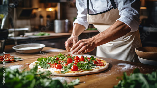 Male chef makes pizza in a restaurant. ai generative photo