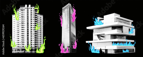 Kit with collage elements of houses in halftone style. Skyscrapers cut out from magazine with colorful fire doodles on transparent background. Vector trendy illustration.