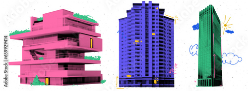 Kit with collage elements of houses in halftone style. Skyscrapers cut out from magazine with colorful doodles on white textured background. Vector trendy illustration.