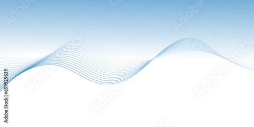 Abstract smooth wave on a white background. Dynamic sound wave. Design element. Vector illustration. Wave with lines created using blend tool. Curved wavy line, smooth stripe.