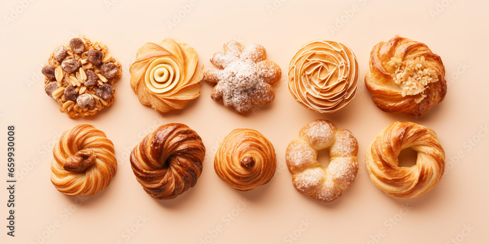 different types of pastries, on a pastel background. ai generative