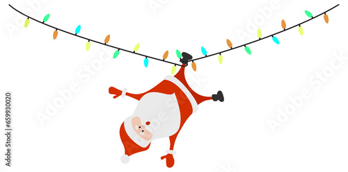 Fun Santa Claus hanging on a garland upside down. Christmas  illustration.