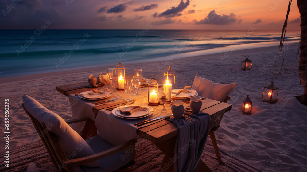 Luxury dinner table beach view - obrazy, fototapety, plakaty 