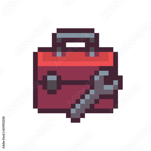 Builders tools and toolbox pixel art icons set. Construction tool flat design symbols. Design for mobile app, web, logo. Isolated vector illustration on white background. Game assets 8-bit sprites.