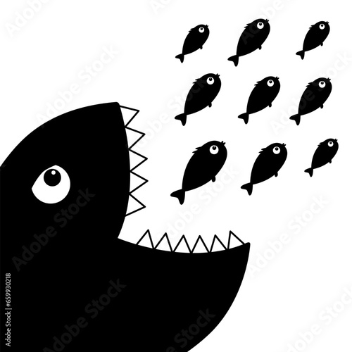 Shark head face with big open mouth and sharp teeth eating fish set. Black silhouette. Cute cartoon kawaii animal character. Sea ocean wild animal. Sticker print. Flat design. White background