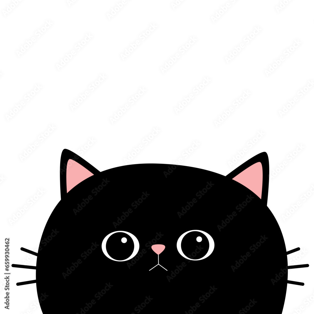 Black cat round head face silhouette. Cute cartoon funny character. Kawaii kitten animal. Baby card. Pet collection. Flat design. Sticker print. White background. Black cat round head face silhouette. Cute cartoon funny character. Kawaii kitten animal. Baby card. Pet collection. Flat design. Sticker print. White background.