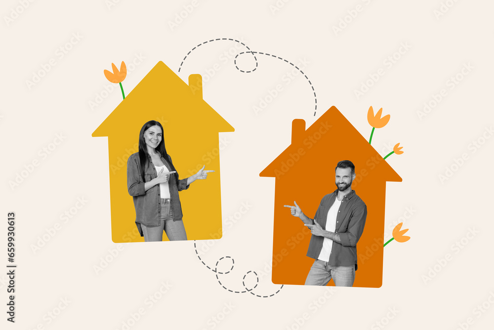 Creative banner collage of two neighbours together indicate fingers each other living new residential complex isolated on white background Creative banner collage of two neighbours together indicate fingers each other living new residential complex isolated on white background