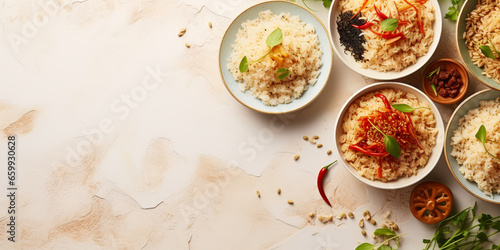 asian rice dishes in plates on beige background. ai generative