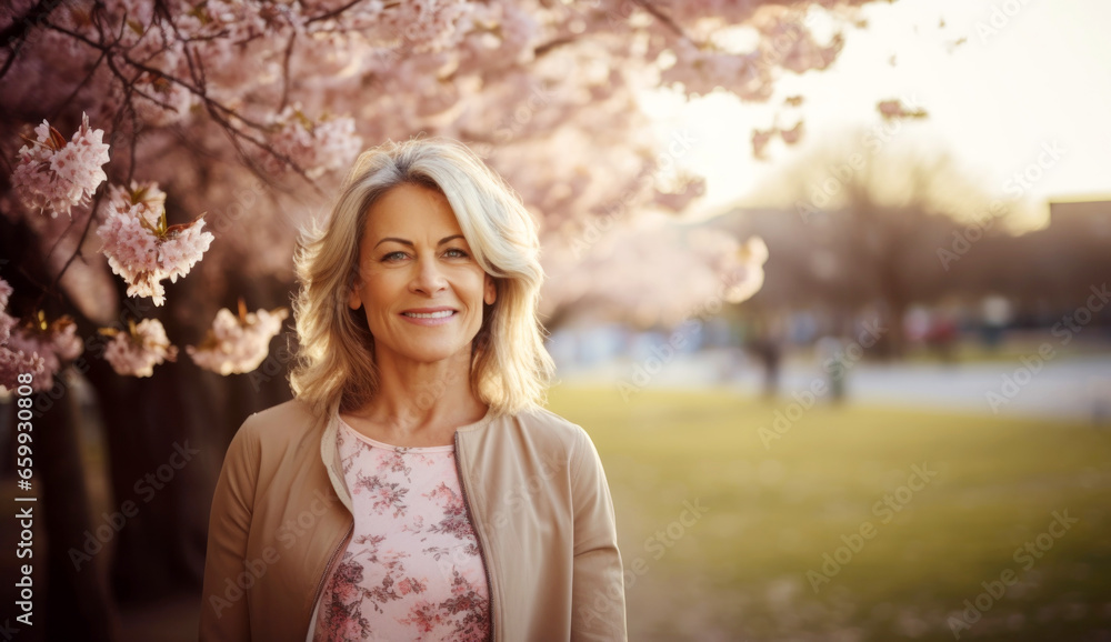 Portrait of a beautiful European woman posing in front of a blooming cherry tree Portrait of a beautiful European woman posing in front of a blooming cherry tree