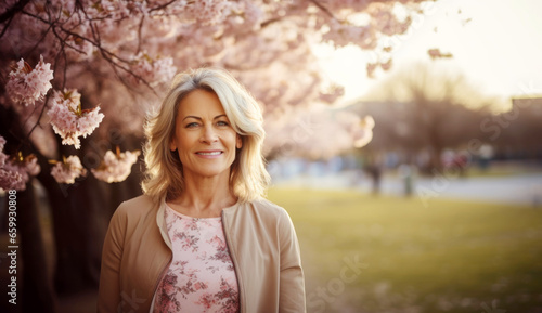 Portrait of a beautiful European woman posing in front of a blooming cherry tree
