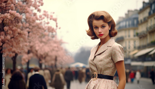 Elegant woman in vintage fashion strolls through a Parisian street lined with cherry blossoms during the early spring afternoon photo