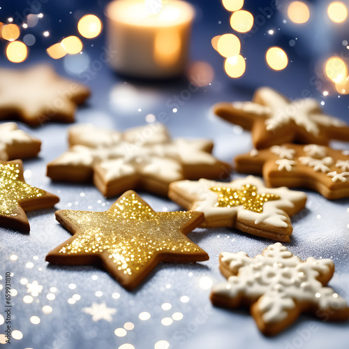 Christmas cookies and drinks under beautiful lights background 8