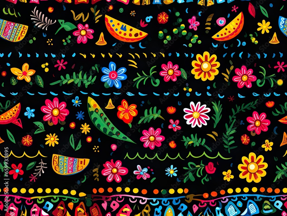Mexican Fiesta style seamless pattern with flags, flowers, decorations, Mexican style seamless pattern, Mexican Fiesta seamless wallpaper, Mexican restaurant seamless wallpaper