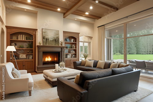Beautiful Living Room Interior in New Luxury Home with Fireplace  Sofa  Chairs and Television. Modern Living Room