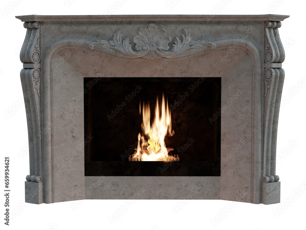 A 3d rendered illustration of a  fireplace made of marble  with the fire on