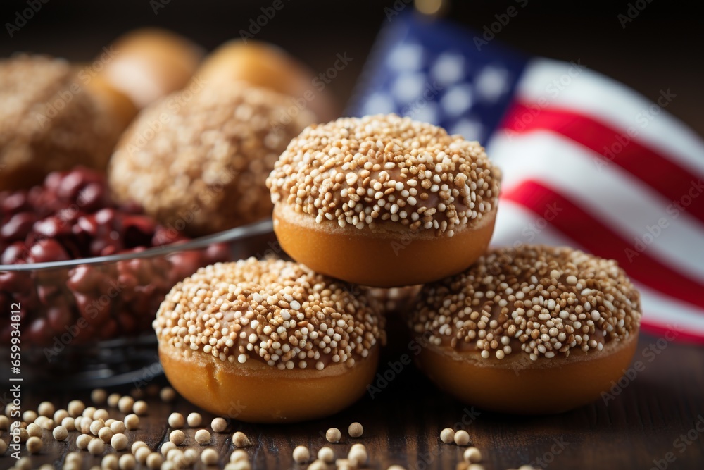 Donuts and USA flag. AI Generated. Donuts and USA flag. AI Generated.