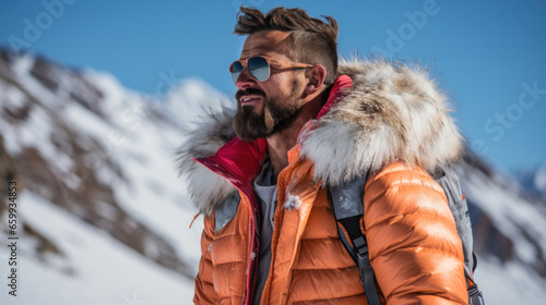 Handsome brutal man wearing a parka and sunglasses. Fashion for men. Autumn, winter.