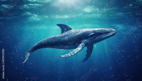 A huge sperm whale in the blue sea swims among the stars