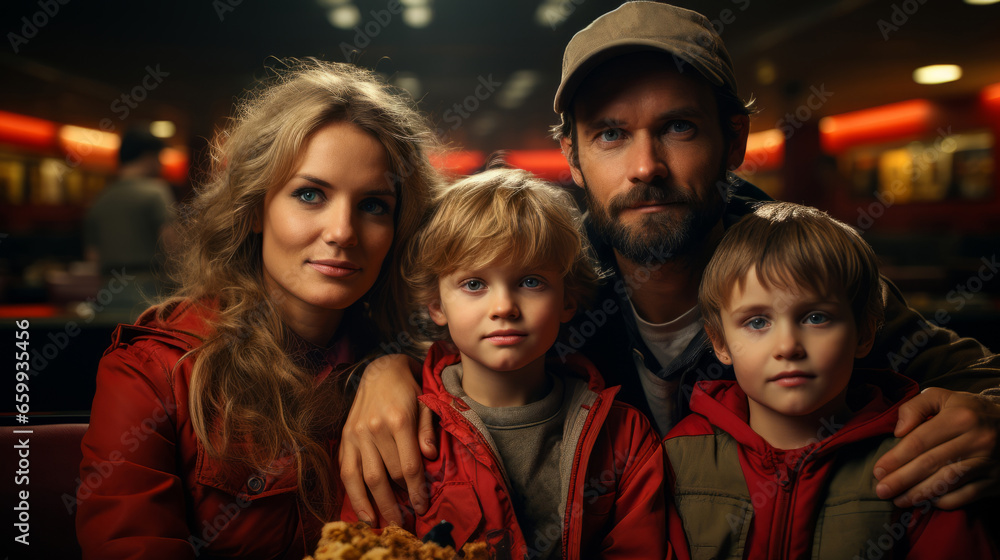 Cheerful family preparing to watch a movie in cinema theater. Father, mother and two sons spending weekend together. Happy parents and kids enjoying communication and shared leisure time.