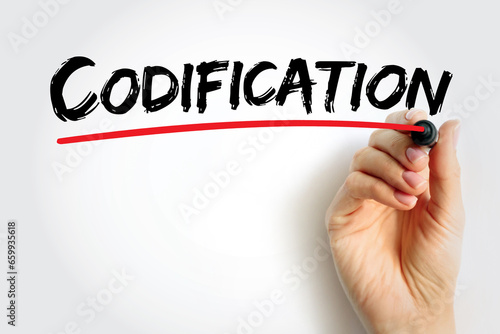 Codification - the action or process of arranging laws or rules according to a system or plan, text concept background