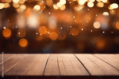 Wooden table on a blurred Christmas lights background