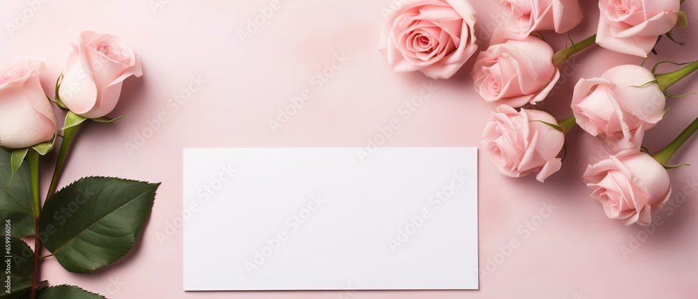 A flat lay featuring elegant roses alongside a blank love note offers a canvas of romance and possibility. The design includes a empty space for heartfelt messages, perfect for expressions of love A flat lay featuring elegant roses alongside a blank love note offers a canvas of romance and possibility. The design includes a empty space for heartfelt messages, perfect for expressions of love