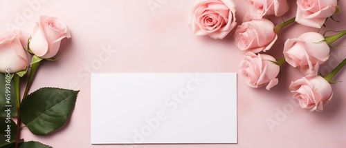 A flat lay featuring elegant roses alongside a blank love note offers a canvas of romance and possibility. The design includes a empty space for heartfelt messages, perfect for expressions of love © Kristian