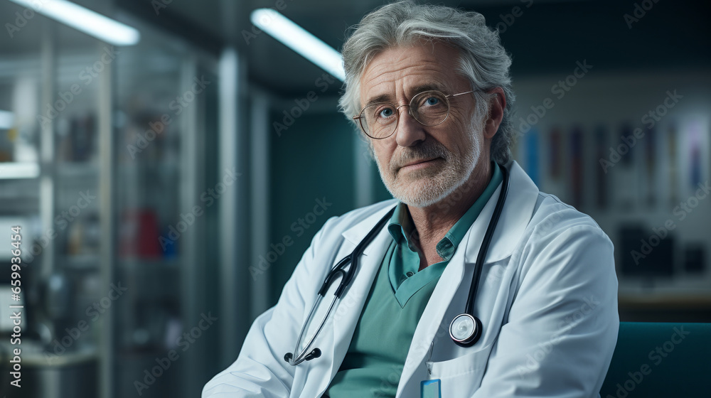 Portrait of senior doctor in medical office. Middle aged gray-haired clinician in white medical gown, with glasses and stethoscope. Experienced medical practitioner with confident smile. Portrait of senior doctor in medical office. Middle aged gray-haired clinician in white medical gown, with glasses and stethoscope. Experienced medical practitioner with confident smile.