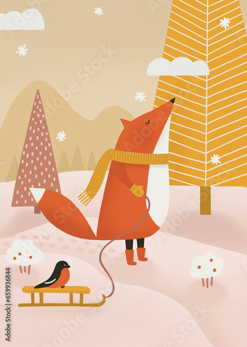 Cute cartoon fox and bullfinch in forest in yellow orange blush colors. Funny winter woodland animal and bird kids illustration for holiday Christmas card or postcard