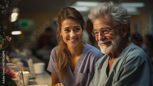 Portrait of young attractive female doctor or nurse with an elderly patient. Smiling clinician in gray uniform communicates kindly with a patient and creates a positive atmosphere in medical facility.