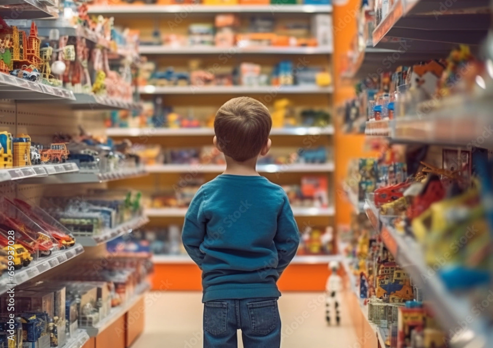 Little boy buying toys at the toy store.Macro.AI Generative