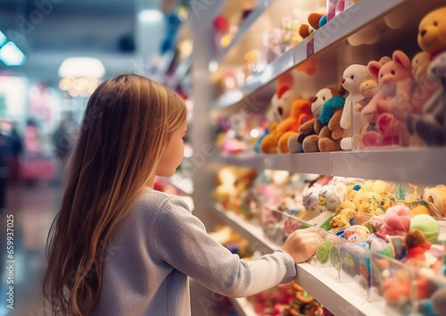 Little girl in toy store looking for new toys to buy.Macro.AI Generative photo