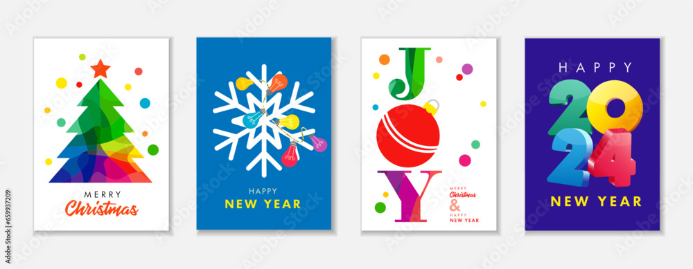 Fototapeta premium Creative Merry Christmas and Happy New Year 2024 greeting cards set. Vector illustration concepts for background greeting card, party invitation, social media or website banner