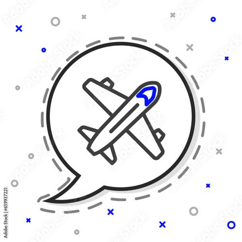 Fototapeta Naklejka Na Ścianę i Meble -  Line Plane icon isolated on white background. Flying airplane icon. Airliner sign. Colorful outline concept. Vector