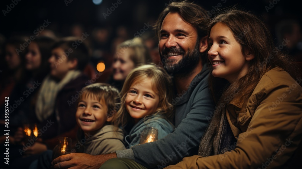 Cheerful caucasian family watching a movie in cinema theater. Father, mother, daughter and son spending weekend together. Happy smiling parents and kids enjoying communication and shared leisure time.