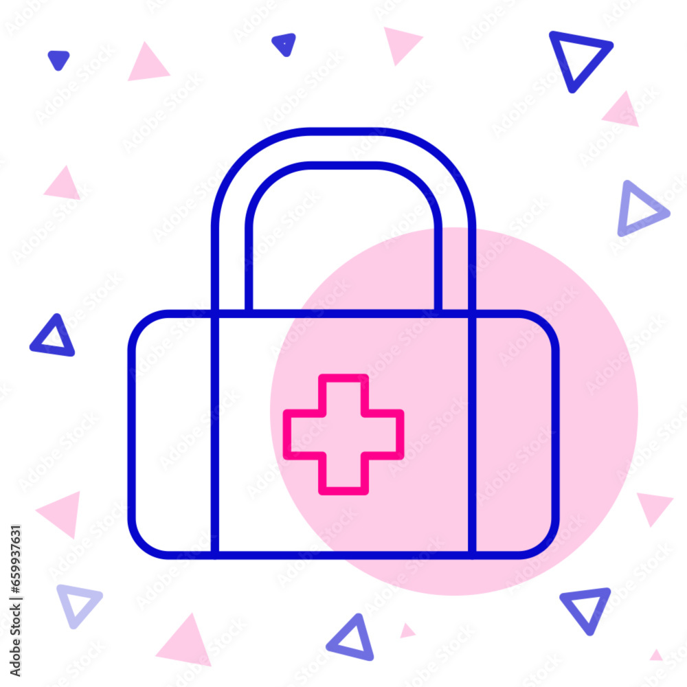 Line First aid kit icon isolated on white background. Medical box with cross. Medical equipment for emergency. Healthcare concept. Colorful outline concept. Vector Line First aid kit icon isolated on white background. Medical box with cross. Medical equipment for emergency. Healthcare concept. Colorful outline concept. Vector