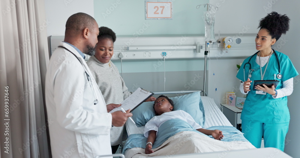 Man, doctor and child patient in consultation, exam or checkup appointment on hospital bed. Male person, surgeon or medical team with little boy or mother in healthcare diagnosis or results at clinic Man, doctor and child patient in consultation, exam or checkup appointment on hospital bed. Male person, surgeon or medical team with little boy or mother in healthcare diagnosis or results at clinic