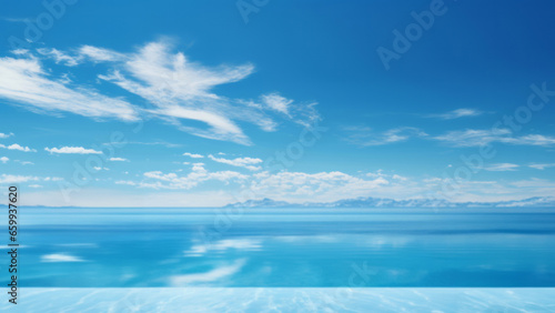 Infinity pool against blue landscape. Blue-sky. Background concept. © AllistairBot/Peopleimages - AI